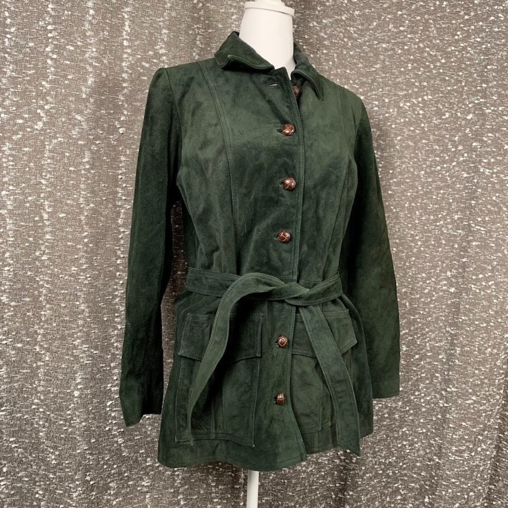 Vintage LNR La Nouvelle Renaissance Green‎ Suede Leather Long Tie Button Jacket